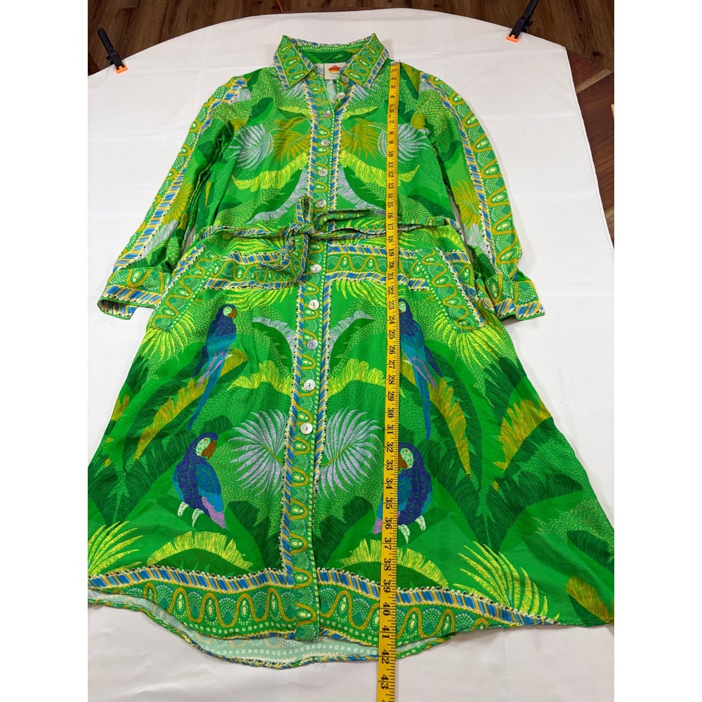 Farm Rio Macaw Scarf Chemise Tropical Parrot Green Midi Shirt Dress Belted S - Picture 8 of 14